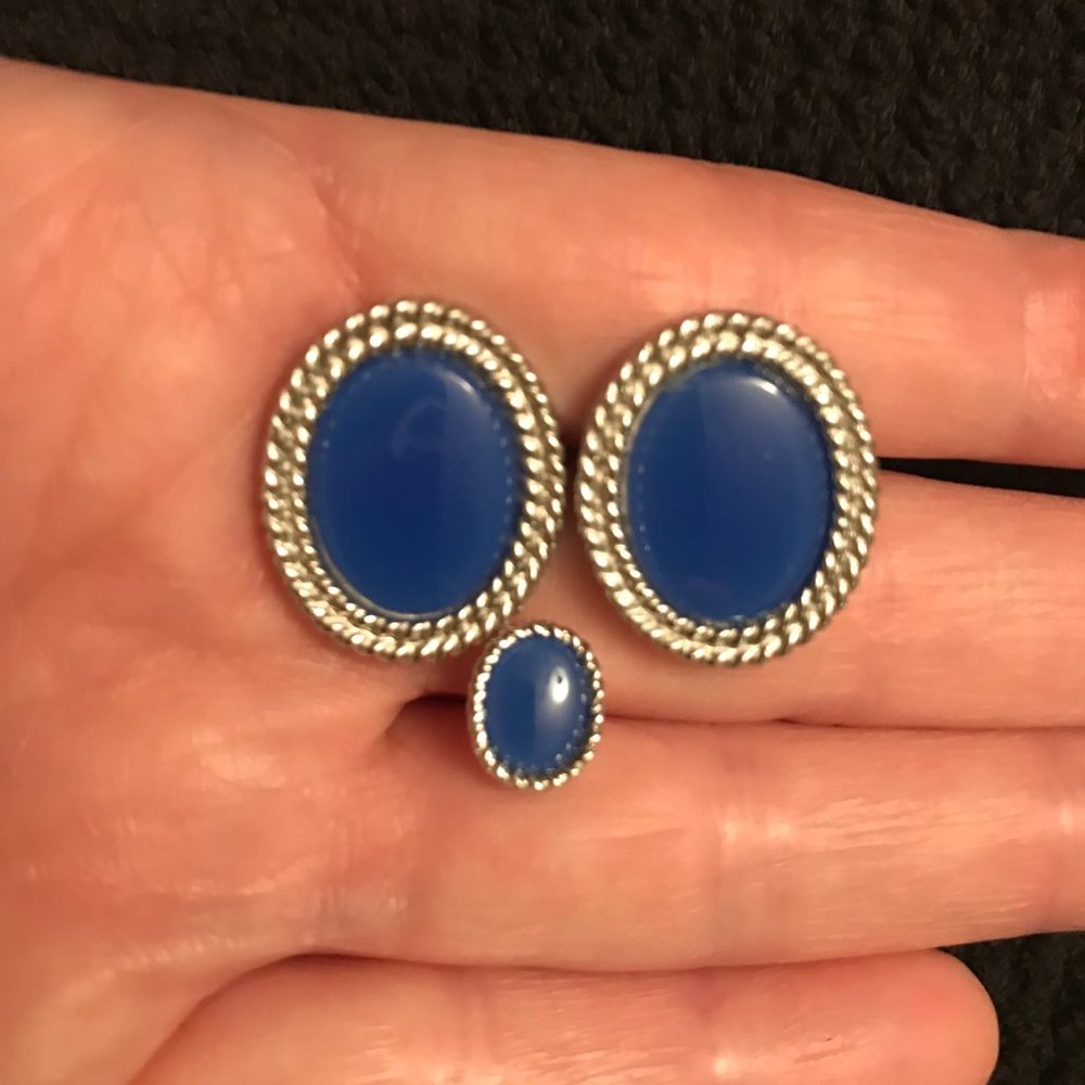 Vintage Cuff Links & Tie-Clip Royal Blue Enamel